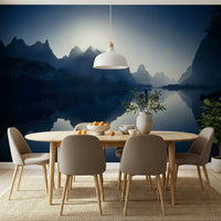 Serene Dawn Yangshuo's Whisper Wall Mural in a minimalist guest bedroom.