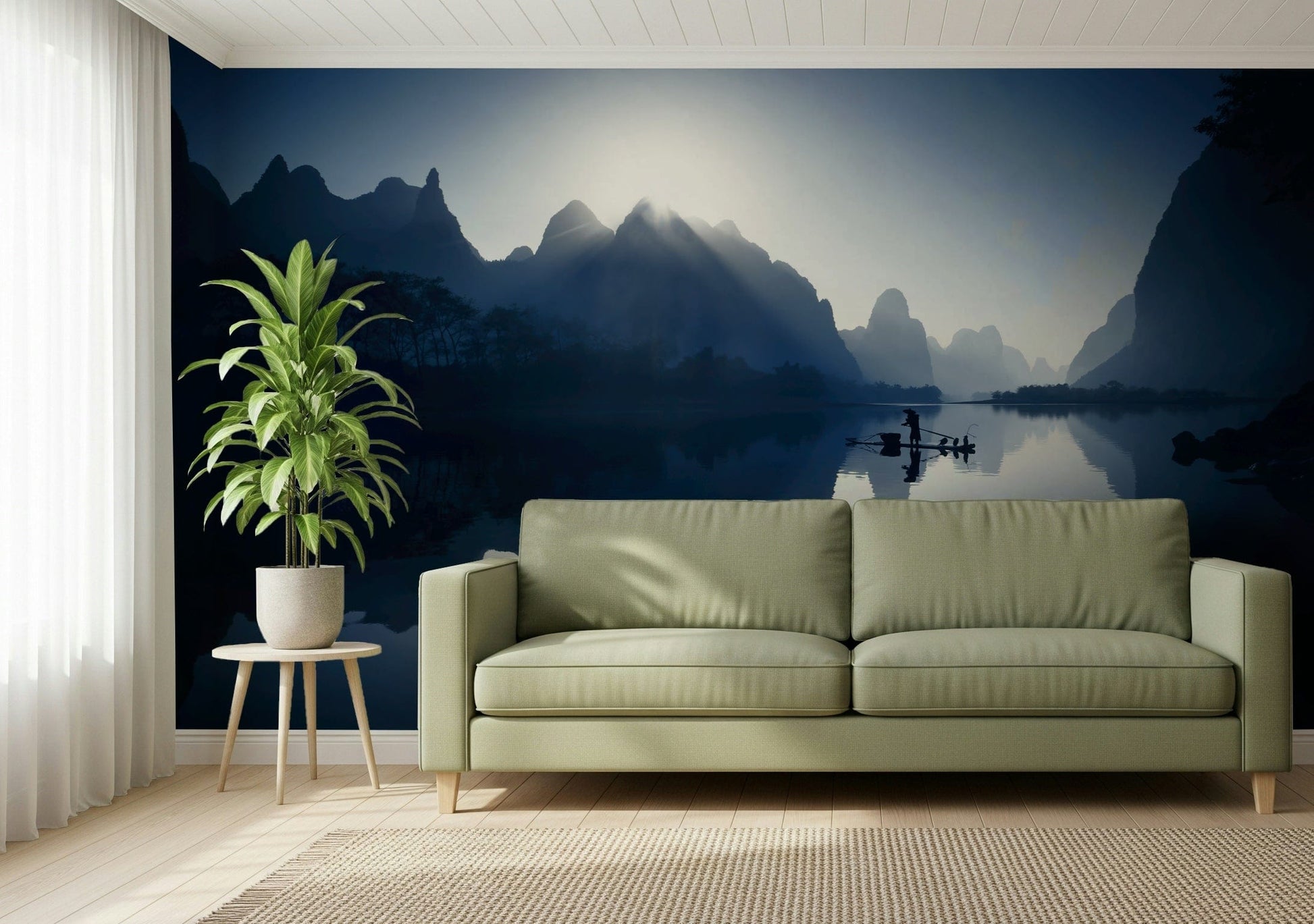 Serene Dawn Yangshuo's Whisper Wall Mural on a lounge feature wall in a flat.