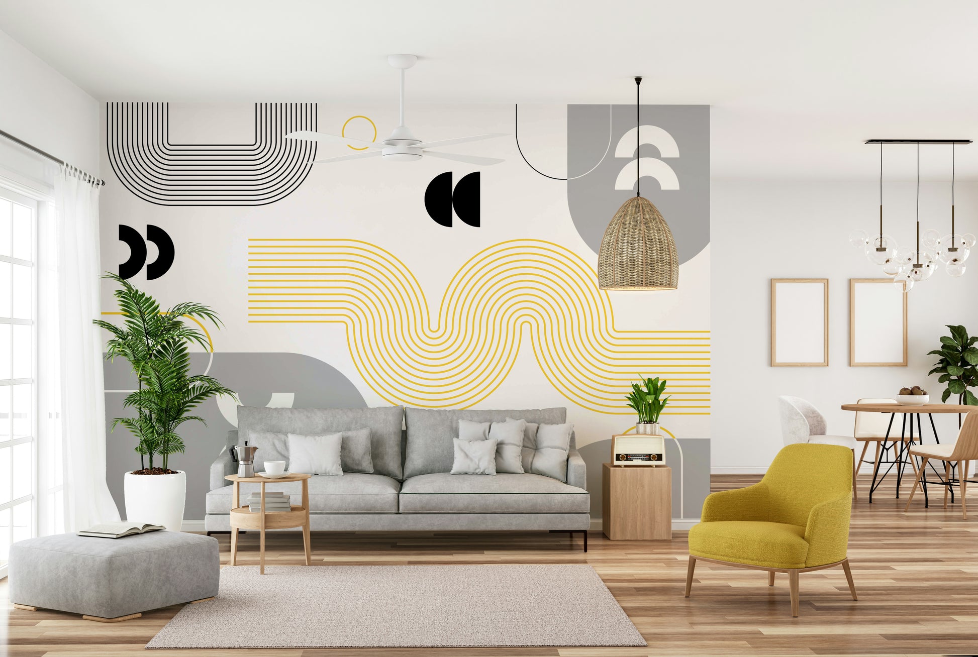 Angled Yellow and Gray Wall Mural Design

