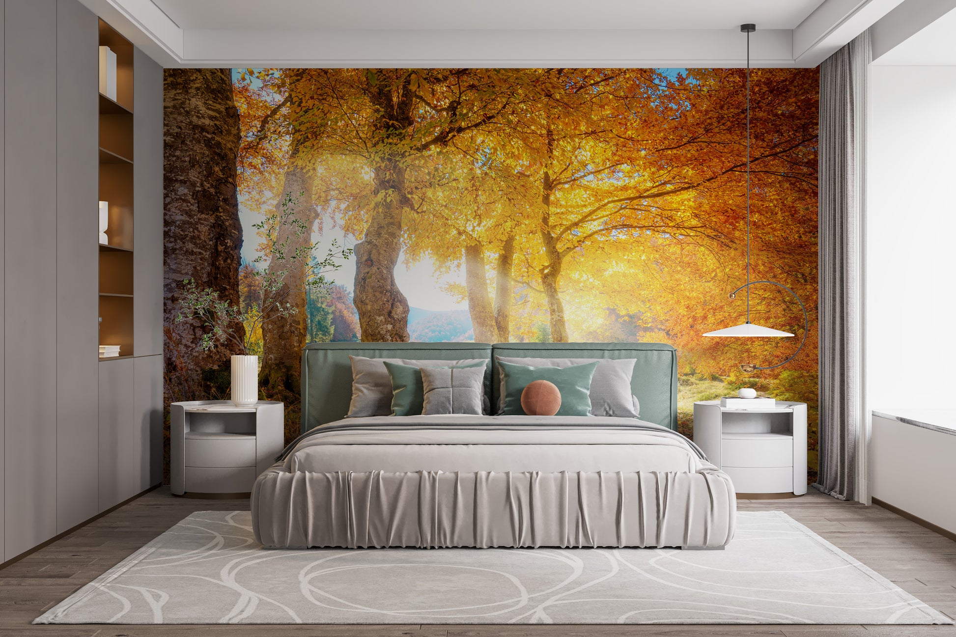 Yellow Autumn Leaves Forest wallpaper mural styled along a hallway feature wall near a console in yellow tones