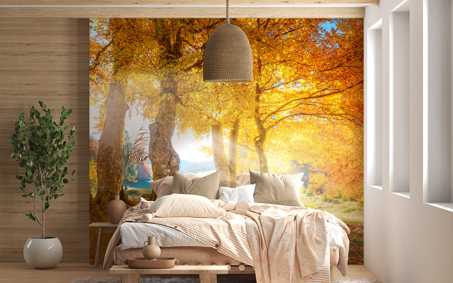 Yellow Autumn Leaves Forest wallpaper mural as a feature wall in a home office workspace in yellow tones