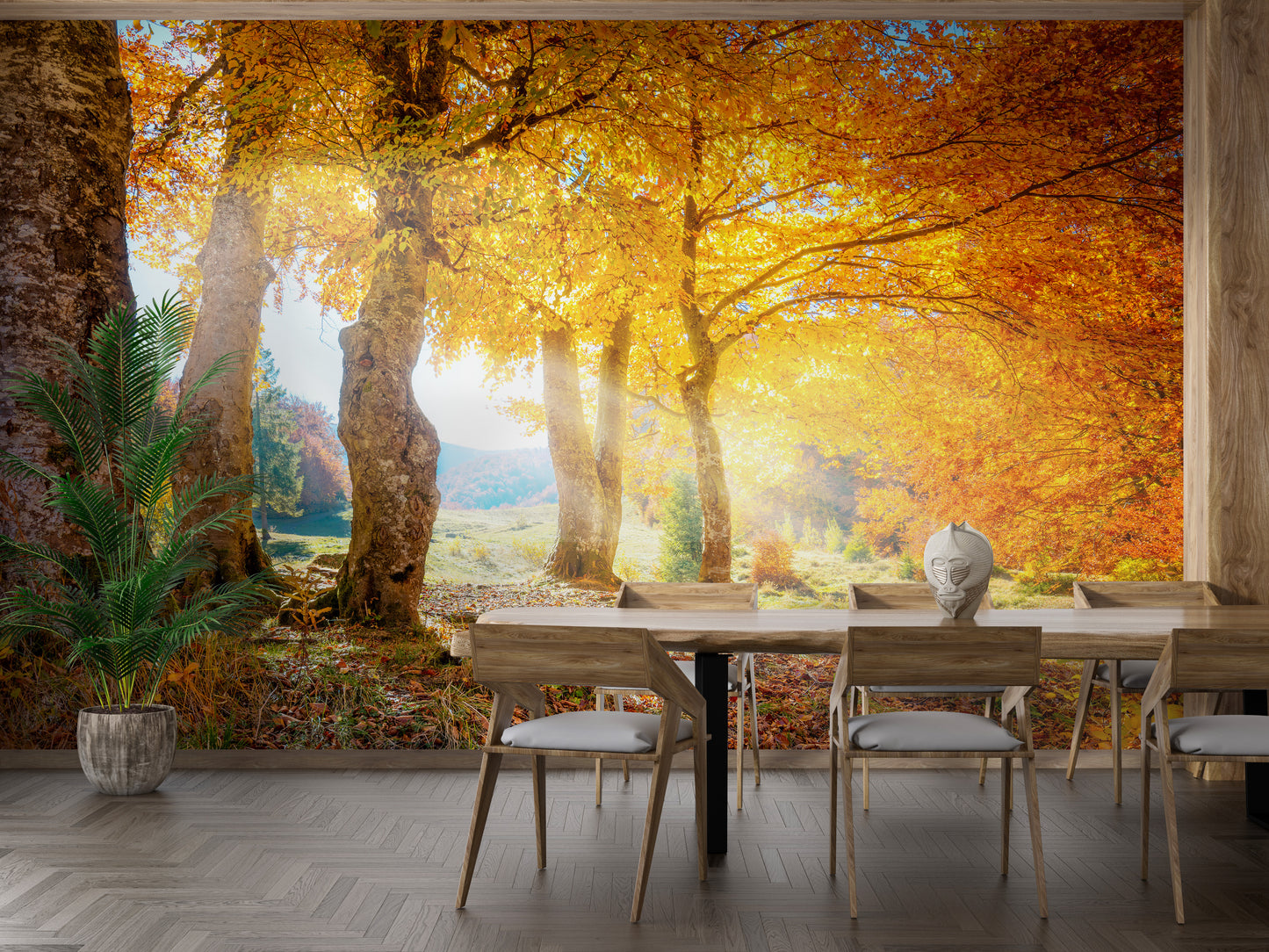 Yellow Autumn Leaves Forest wallpaper mural shown as a full feature wall that highlights the design