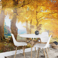 Yellow Autumn Leaves Forest wallpaper mural styled as a feature wall behind a dining table and chairs in yellow tones