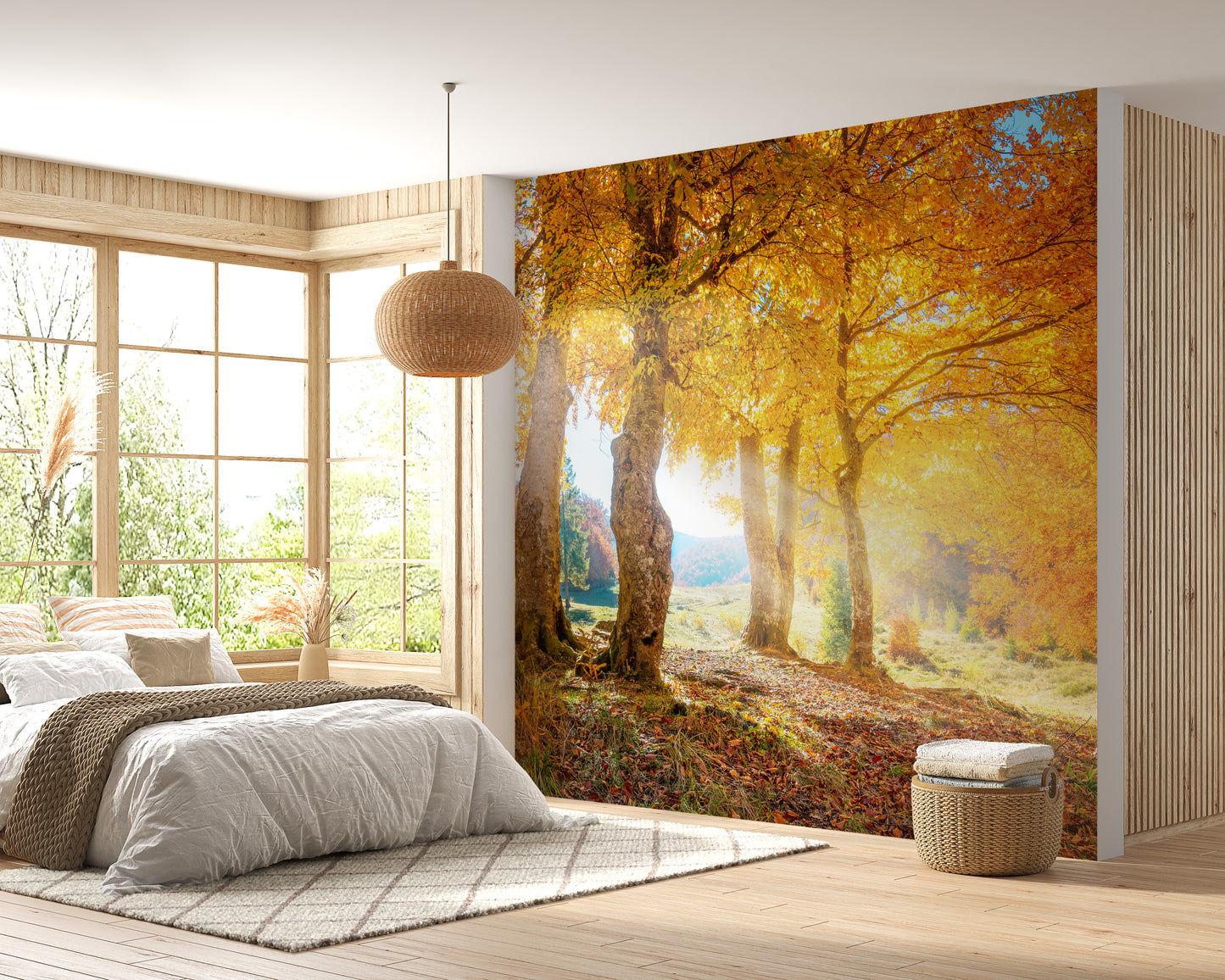 Yellow Autumn Leaves Forest wallpaper mural as a feature wall in a bright, contemporary living room in yellow tones