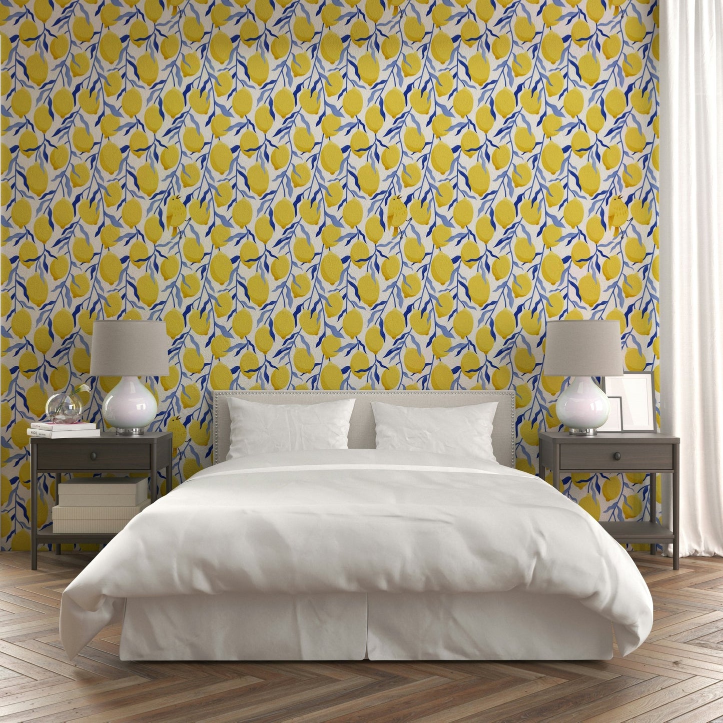 Whimsical wallpaper with lemons and bird

