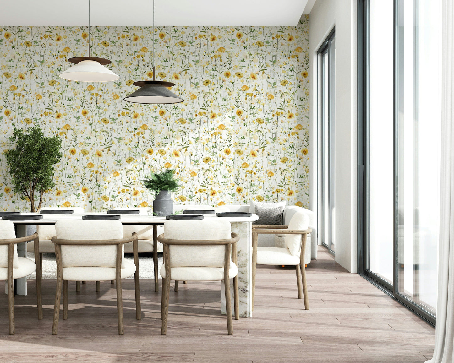 Golden Meadow Blooms, sunny floral pattern accent wallpaper for interiors.