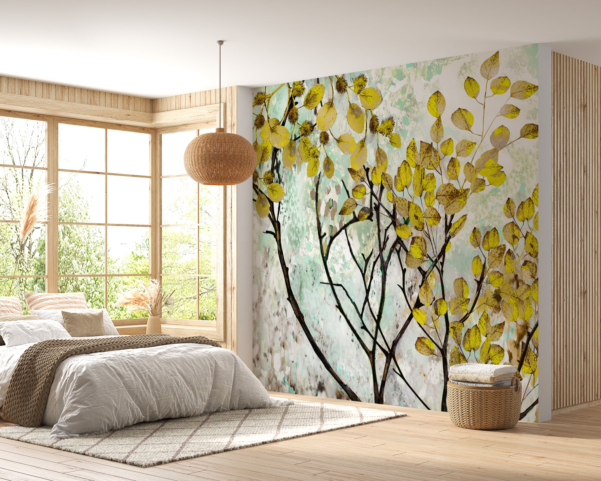 Yellow Oil Painting Canvas Effect Flower wallpaper mural shown as a full feature wall that highlights the design