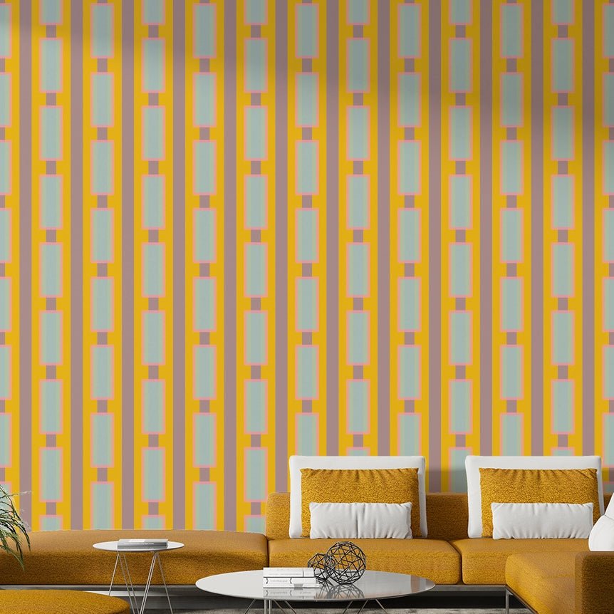 Playroom wall covered in yellow geometric wallpaper

