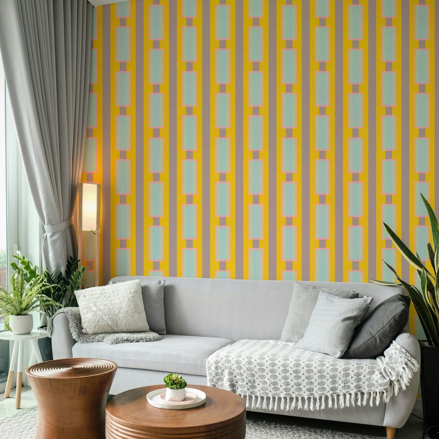 Curved yellow dash shapes over white mural wallpaper

