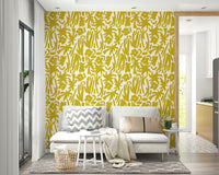 An interior with a vibrant yellow accent wall


