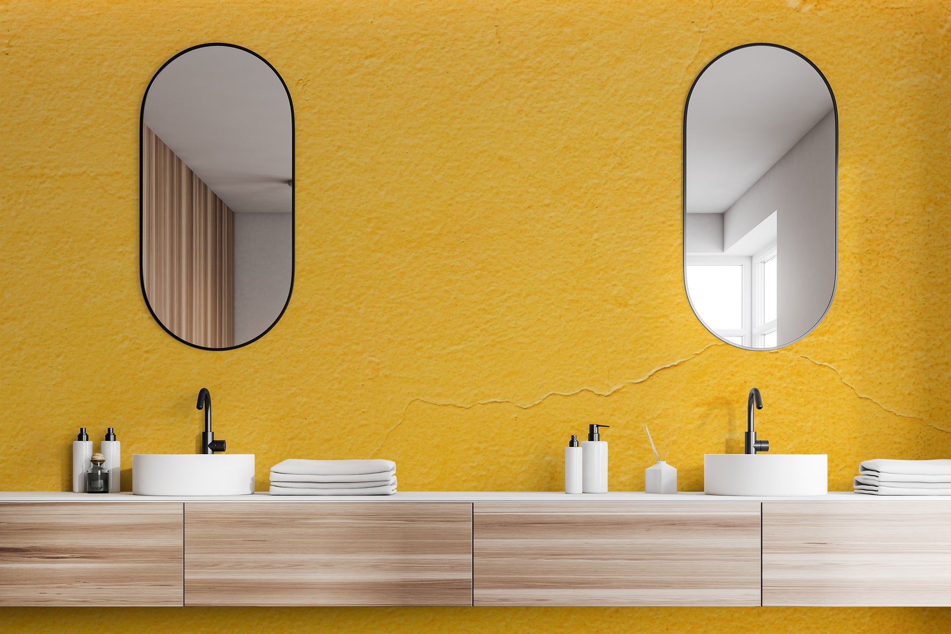 Deep saffron textured wallpaper mural for a luxury hotel restroom .