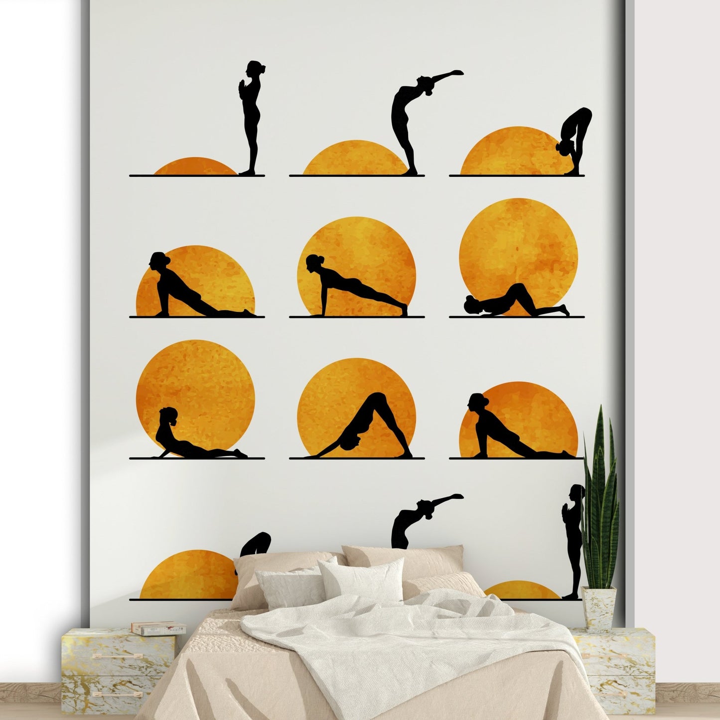 Features a stylized sun, possibly with human figures in yoga poses or abstract representations of energy/chakras.

