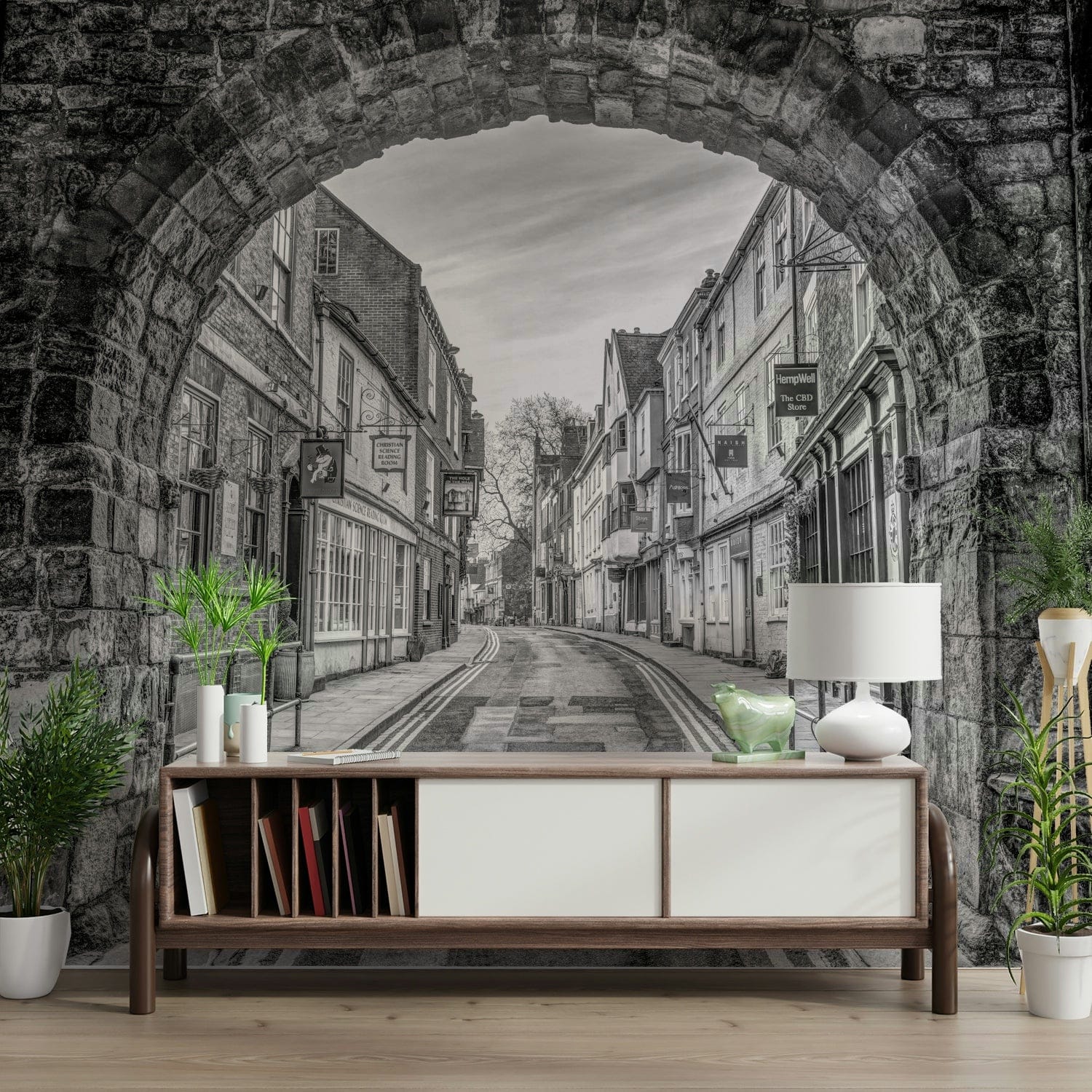 A high-angle view of the wall mural in a large space.