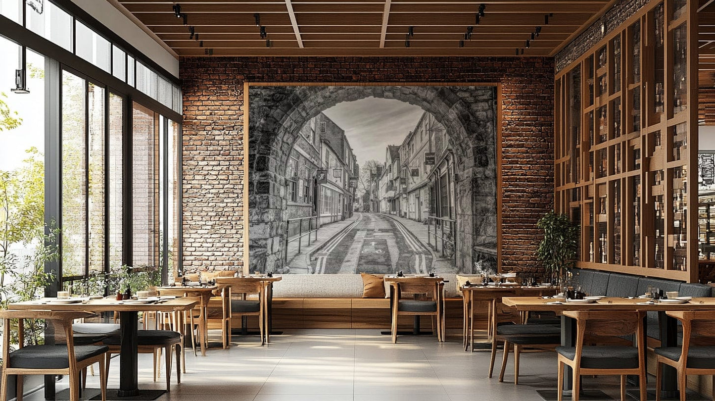 The peel and stick wallpaper showing realistic stone textures.