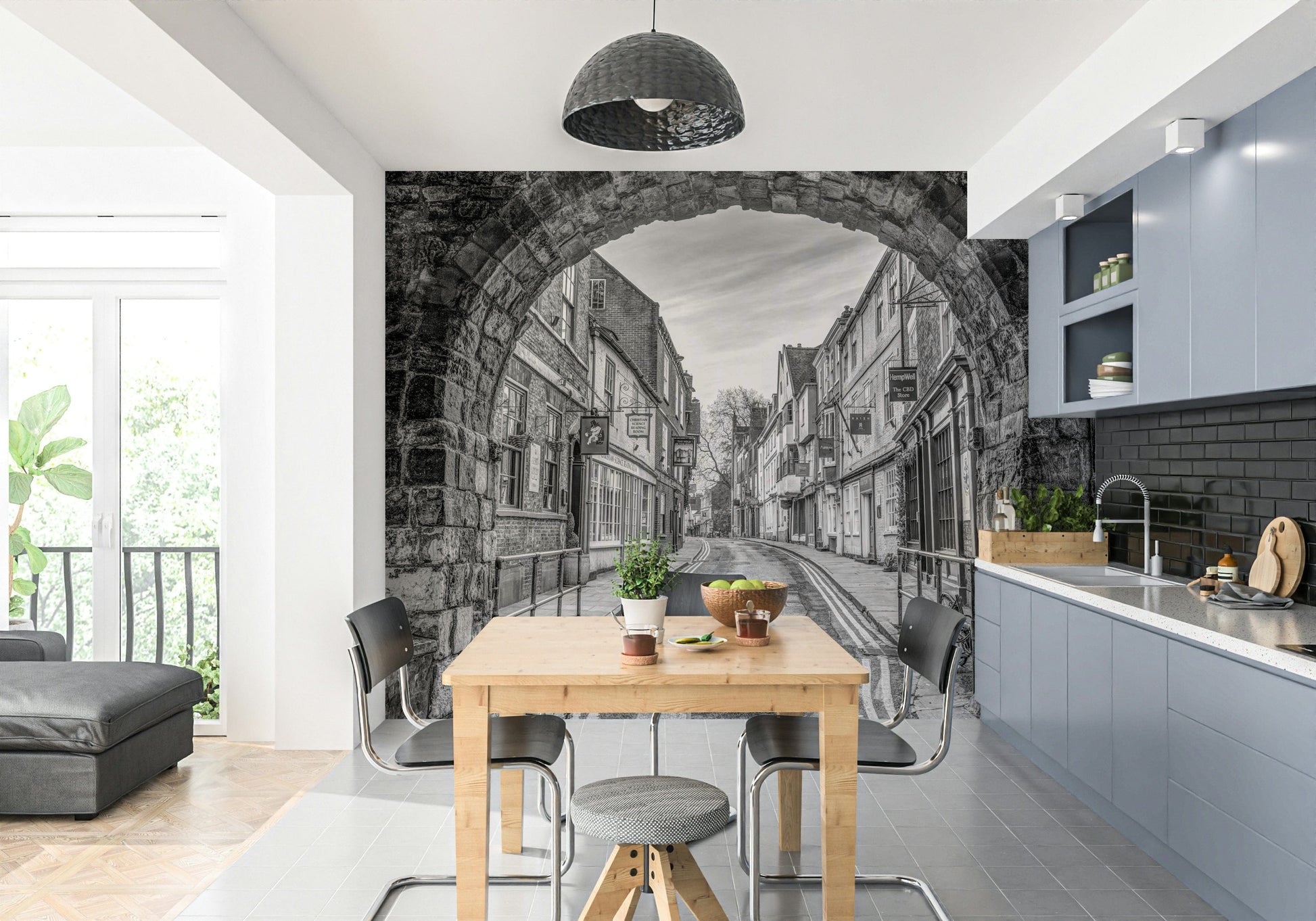 The wallpaper is used as a feature wall in a bedroom.