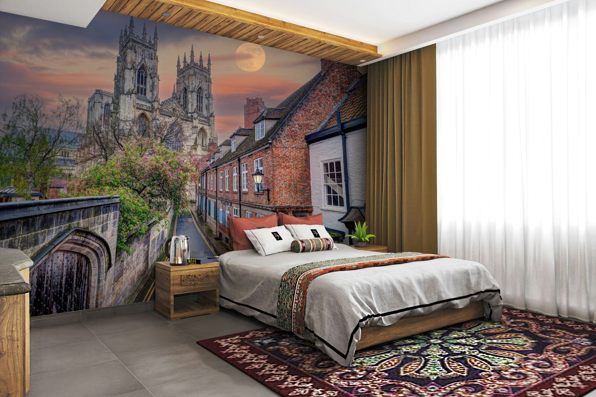 The wallpaper is used as a feature wall in a bedroom.