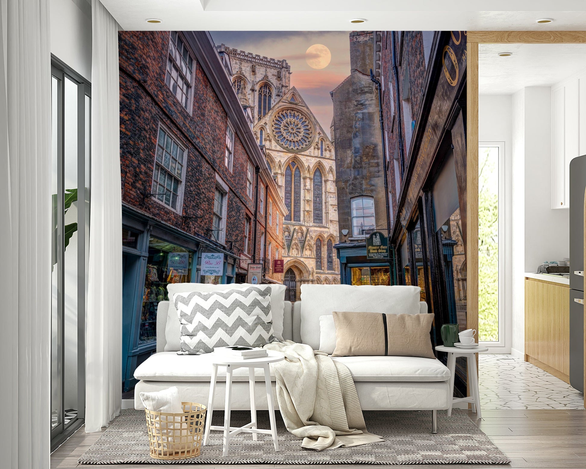 Wall mural with a moon over a charming street.

