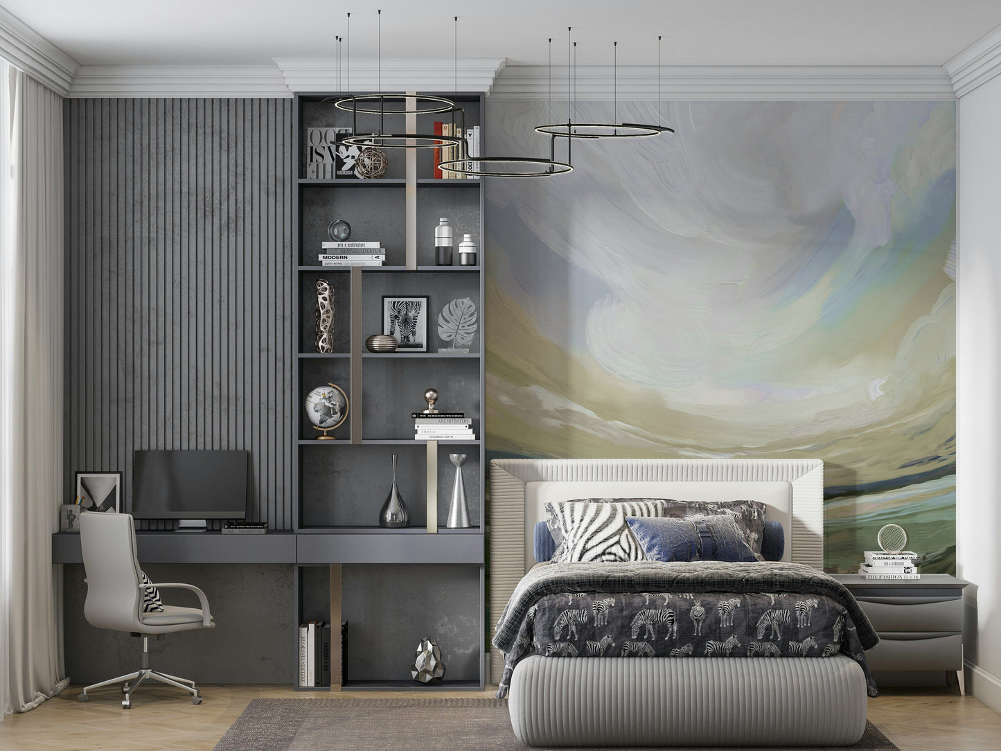 Countryside scenery wall mural used as a feature wall in a guest suite.