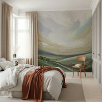 Yorkshire Landscape Oils Wall Mural behind a leather sofa in a den.