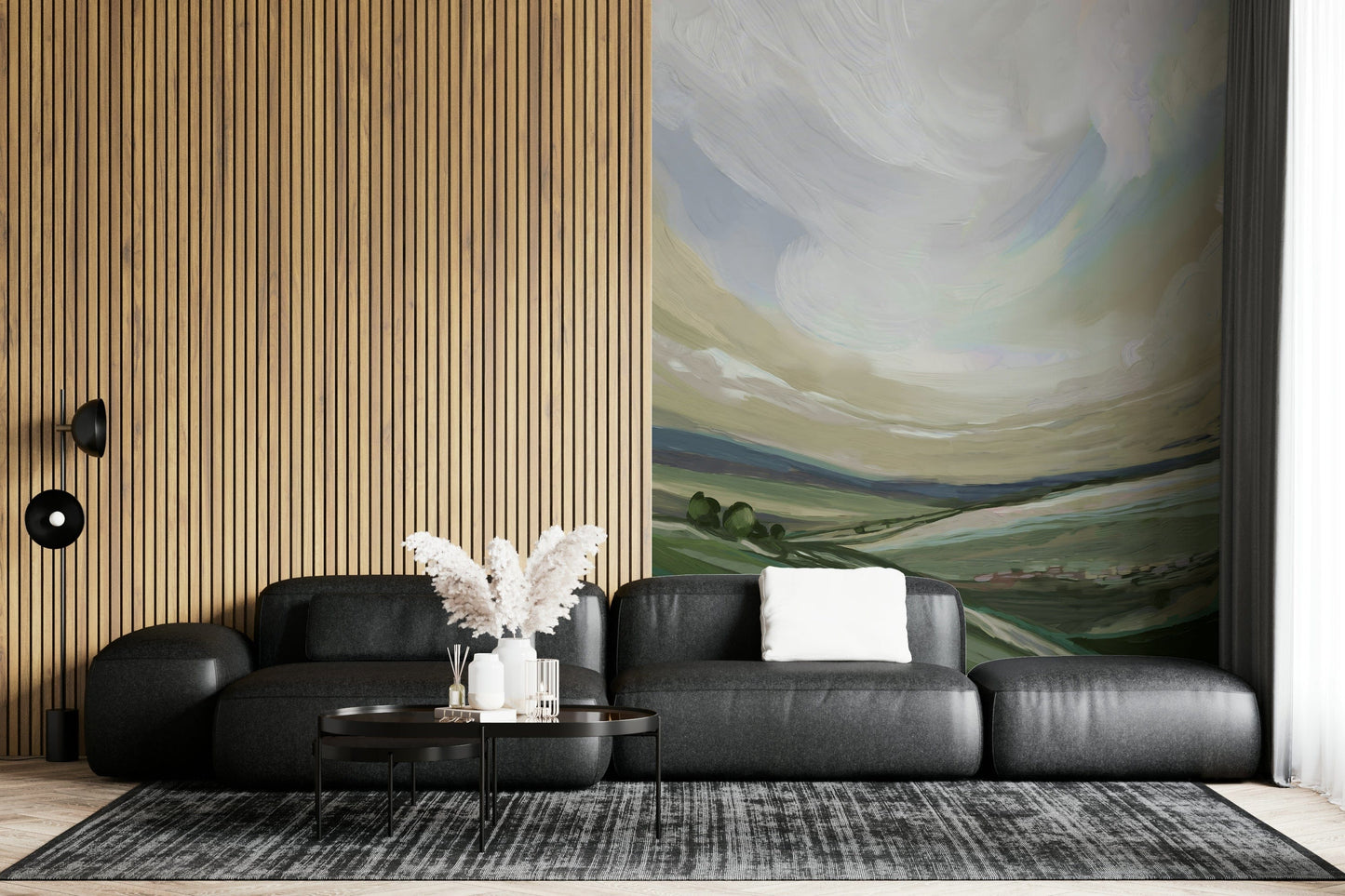 Yorkshire Landscape Oils Wall Mural in a contemporary workspace with wood desks.