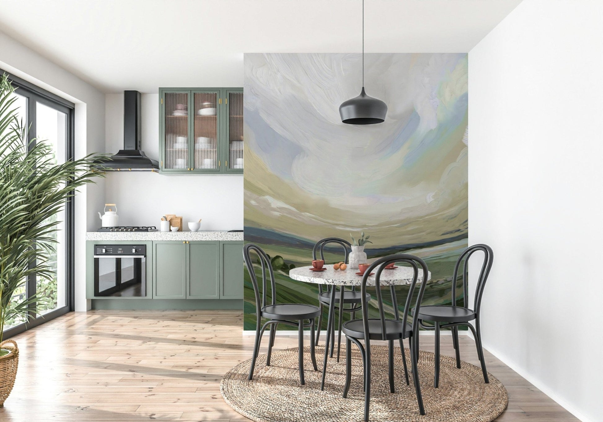 Impressive landscape wall decor for a high-end apartment entryway.