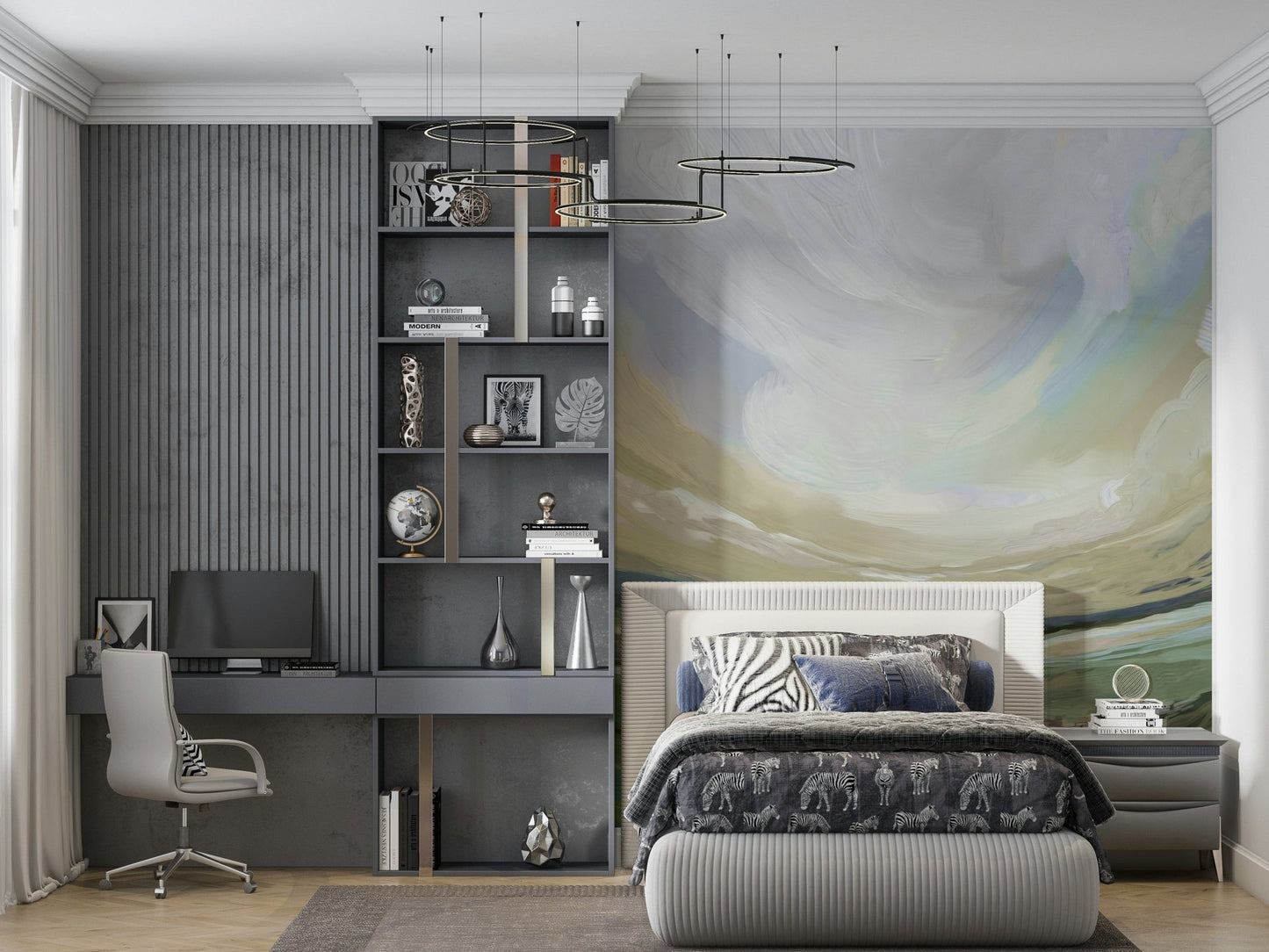 Countryside scenery wall mural used as a feature wall in a guest suite.