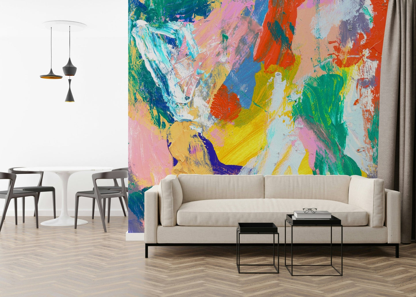 You're good enough Wall Mural in a modern sunlit living room with black furniture.