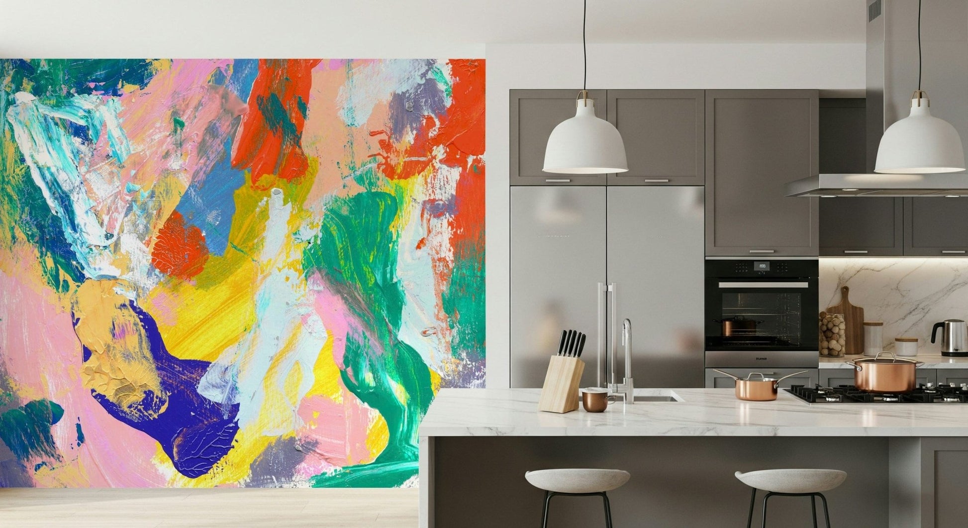 Large scale text mural used in a contemporary studio apartment setting.