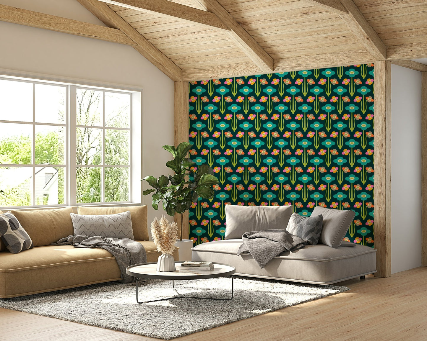 Ideal wallpaper for a living room, playroom, or creative studio.

