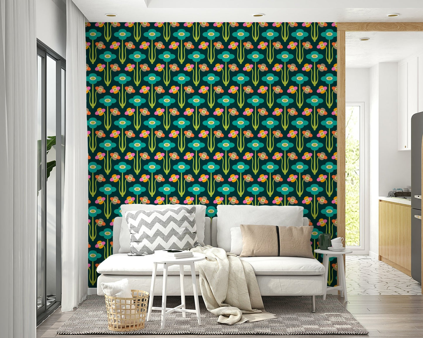 Stylized floral and leaf patterns in rainbow colors on a dark green wall.

