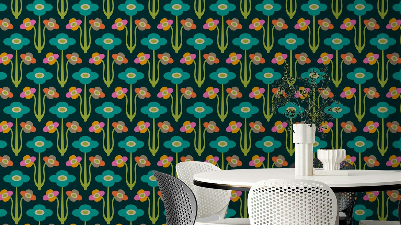 Yvette Mid Century Modern Scandi Retro Floral Rainbow Brights Dark Green Wallpaper.

