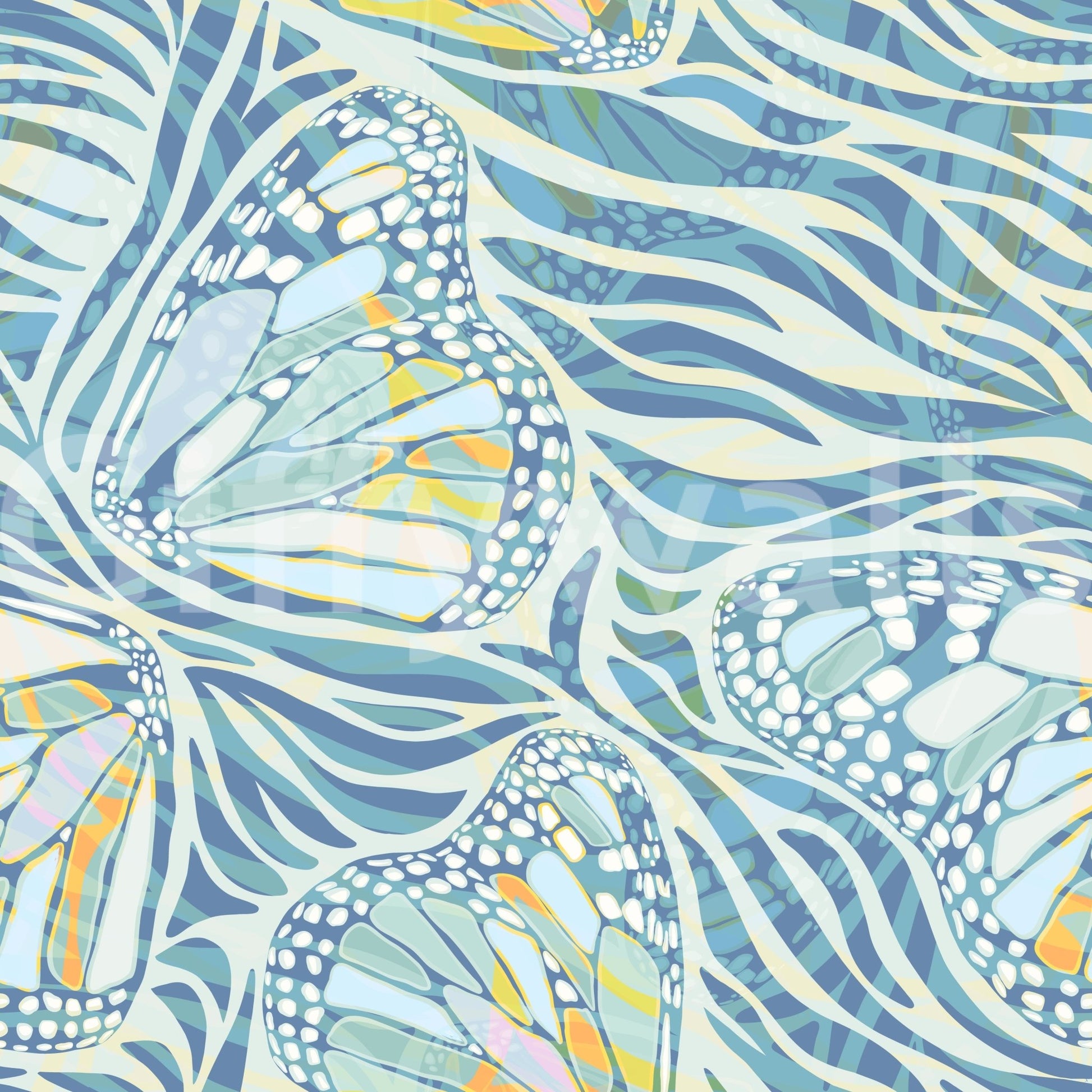 Zebra Butterfly Drift • Maximalist Boho in Blue Pastels Wallpaper⁠
