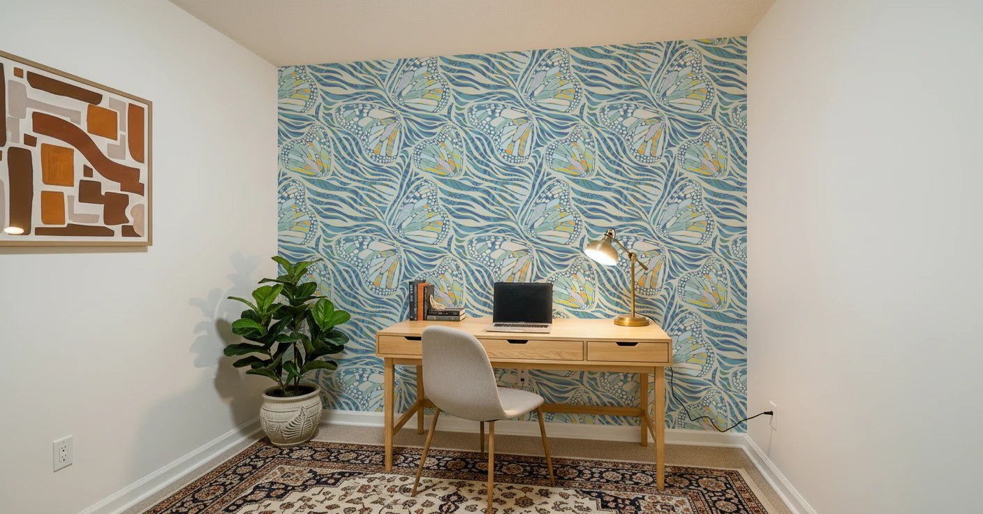 Zebra Butterfly Drift • Maximalist Boho in Blue Pastels Wallpaper⁠