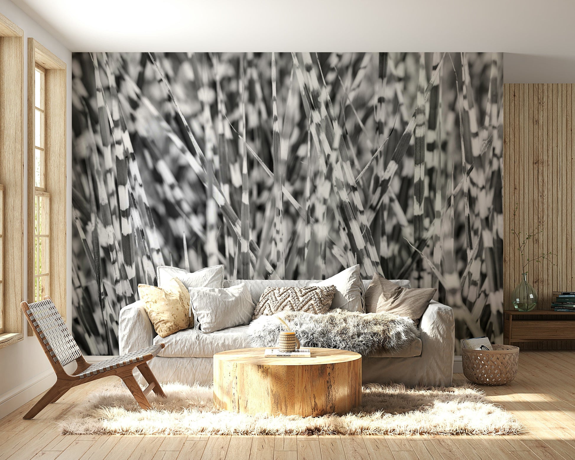 A peaceful botanical pattern mural on decorative wallpaper.

