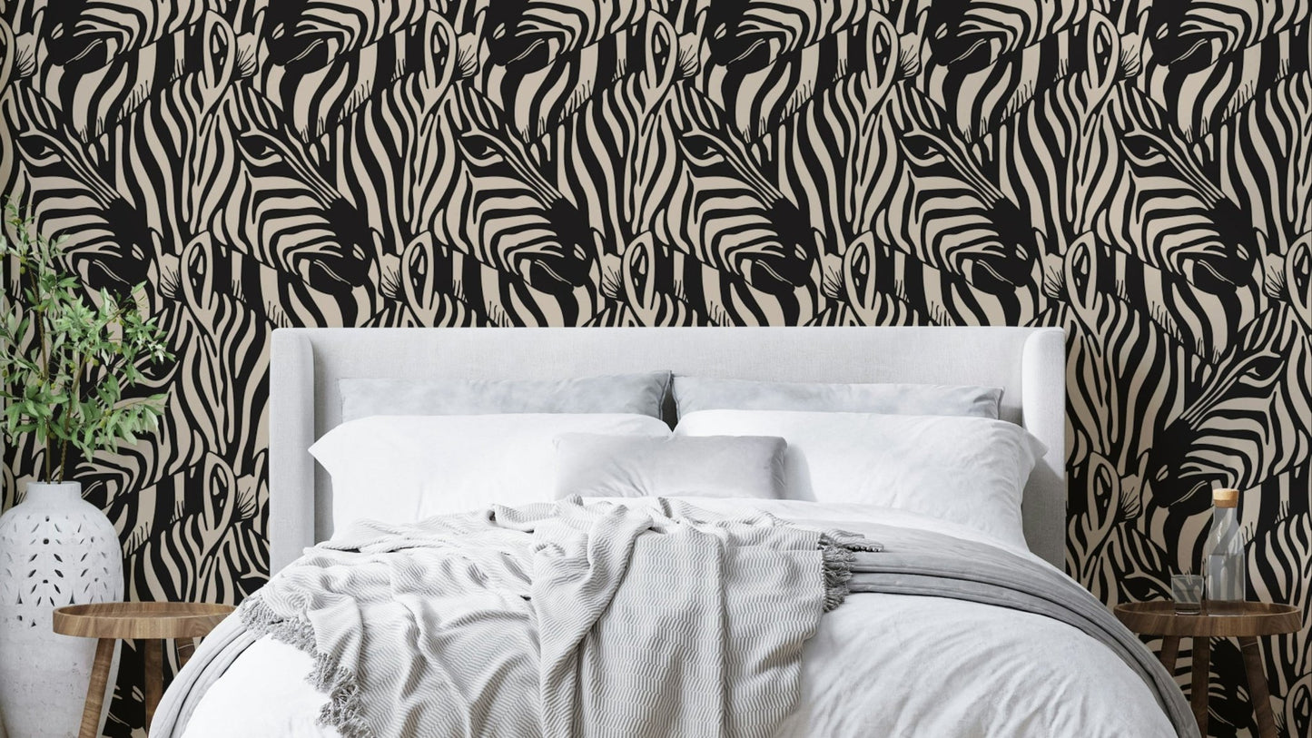 A wallpaper design with a zebra herd.


