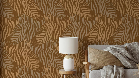 A wall mural of a zebra herd with artistic stripes.

