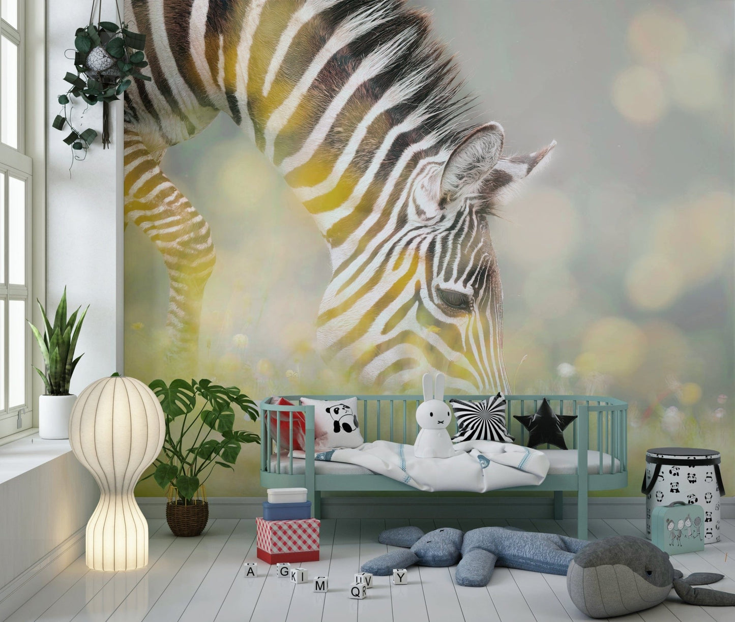 Zebra mural on a modern living room feature wall in black and white, bold wall decor