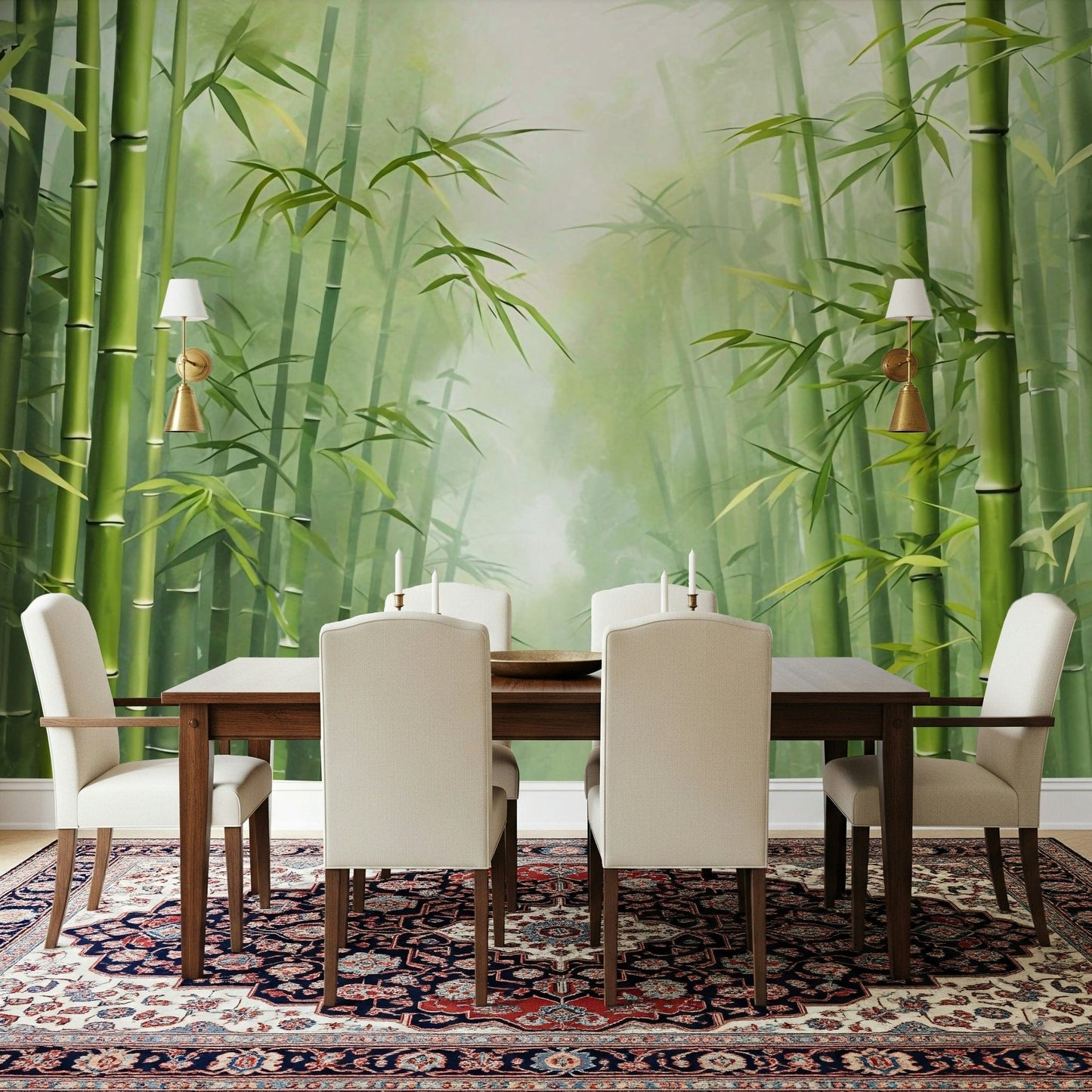 Bamboo forest wallpaper mural behind sofa, modern home décor with soft green colour