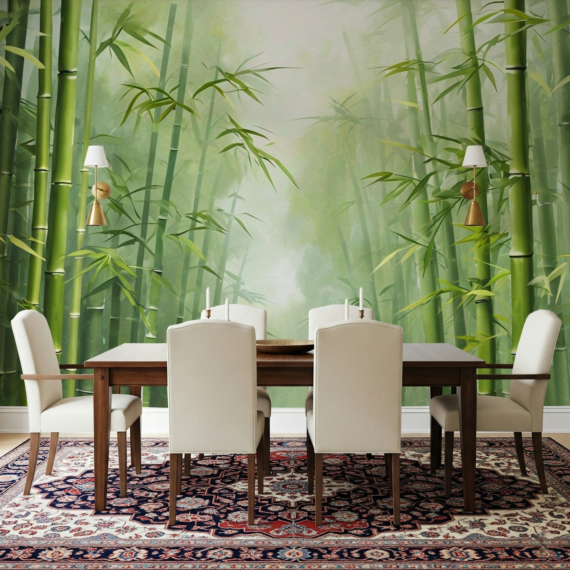 Bamboo forest wallpaper mural behind sofa, modern home décor with soft green colour
