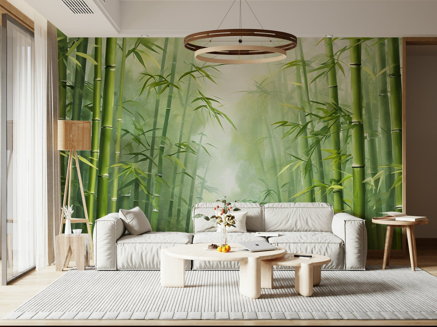 Bamboo grove mural for home office backdrop, green nature print with clean style