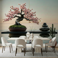 Zen Blossom Balance wallpaper mural of a cherry bonsai behind a travertine dining table and cream chairs