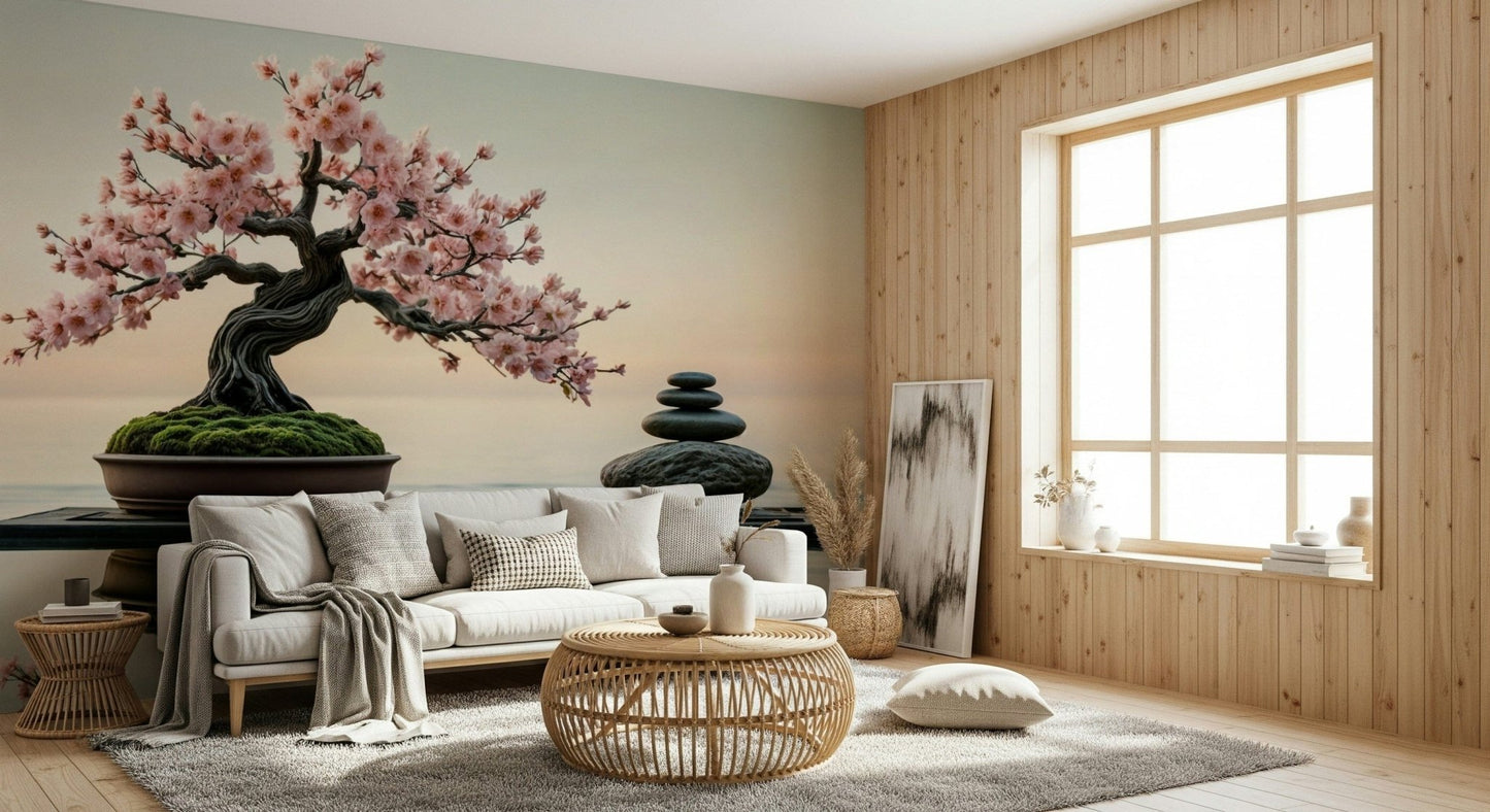 Zen Blossom Balance wallpaper mural of a cherry bonsai over calm water behind a white sofa and rattan table