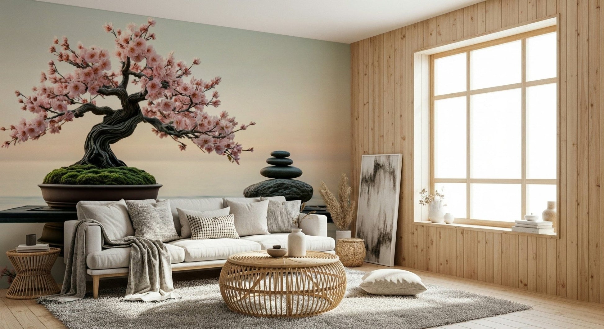 Zen Blossom Balance wallpaper mural of a cherry bonsai over calm water behind a white sofa and rattan table