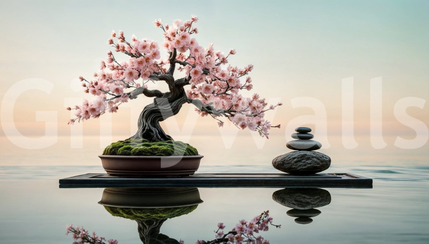 Zen Blossom Balance wallpaper mural shown as a full-wall scene of a pink cherry bonsai and balanced zen stones