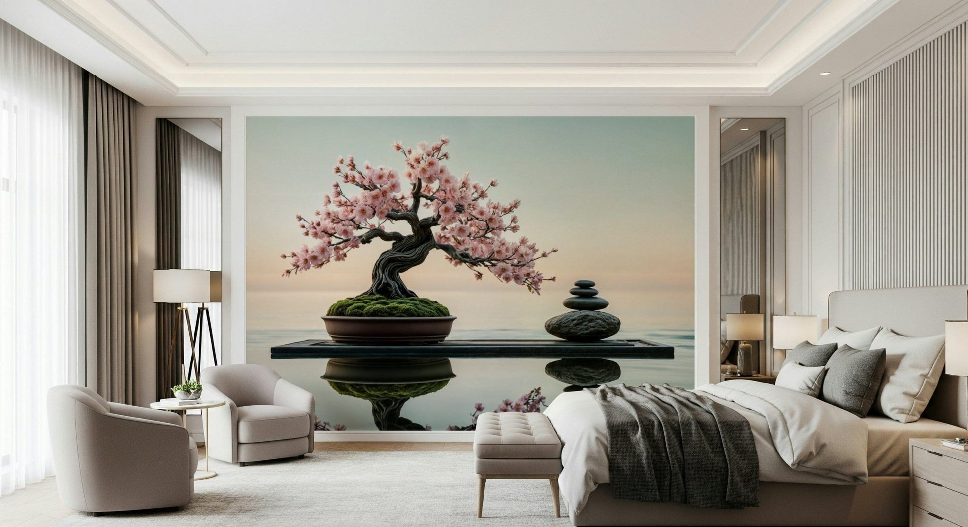 Zen Blossom Balance wallpaper mural of a blossom bonsai and zen stones behind a gray bed in a bedroom