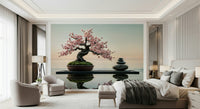 Zen Blossom Balance wallpaper mural of a blossom bonsai and zen stones behind a gray bed in a bedroom