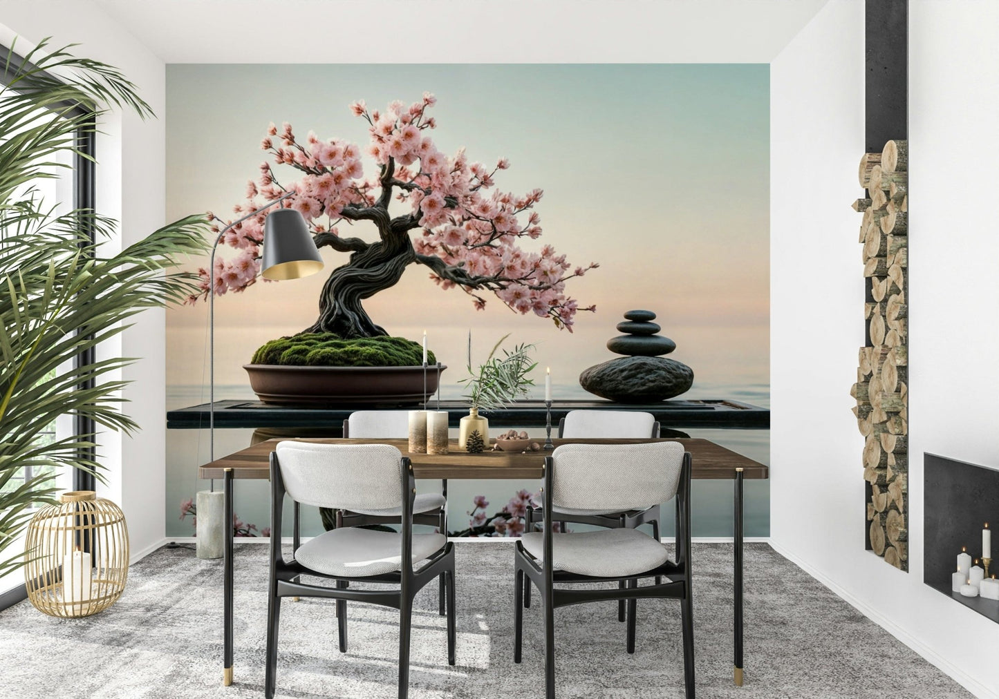 Zen Blossom Balance wallpaper mural of a blossom bonsai and zen stones behind a walnut dining table and chairs