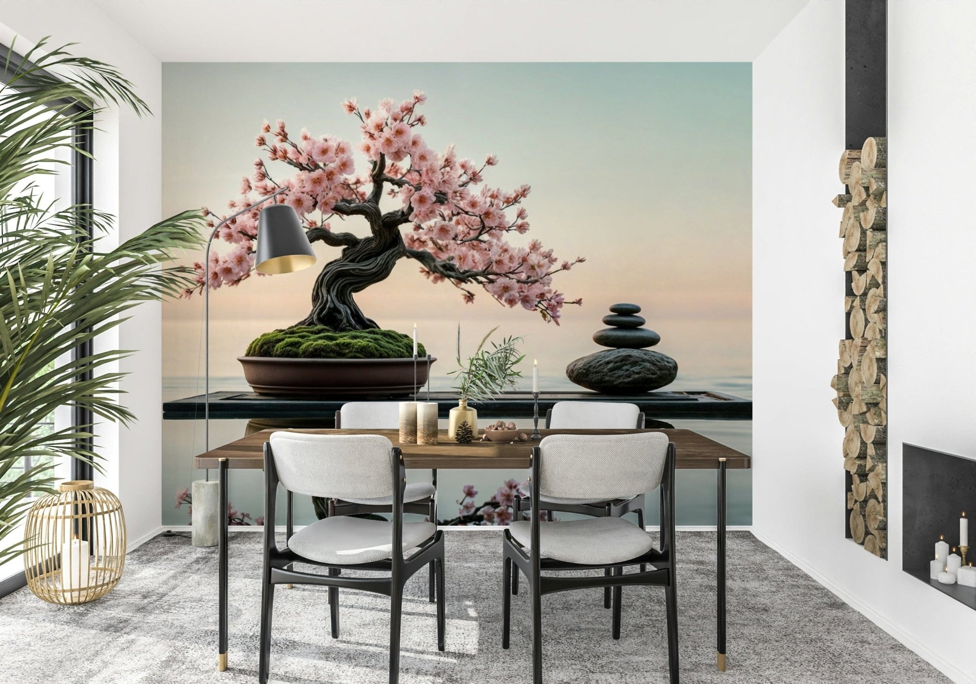Zen Blossom Balance wallpaper mural of a blossom bonsai and zen stones behind a walnut dining table and chairs