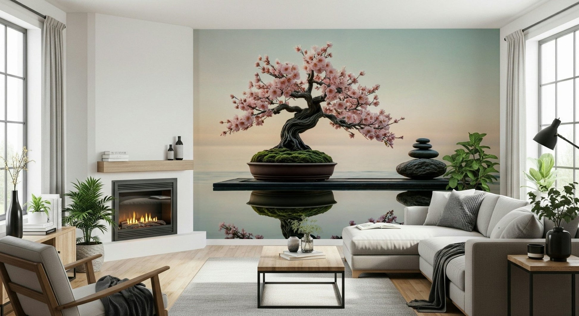 Zen Blossom Balance wallpaper mural of a cherry bonsai over water behind a white sectional and fireplace