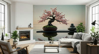 Zen Blossom Balance wallpaper mural of a cherry bonsai over water behind a white sectional and fireplace